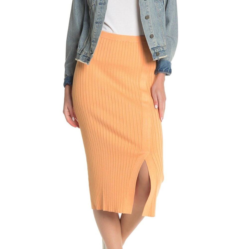 525 AMERICA Snap Ribbed Knit Midi Skirt Orange Large‎ NWT
